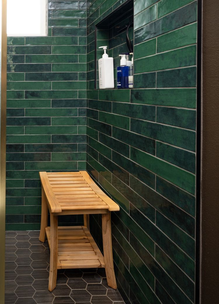 green shower tile installation and grey waterproof shower tile floor in Santee, CA with wood bench and window