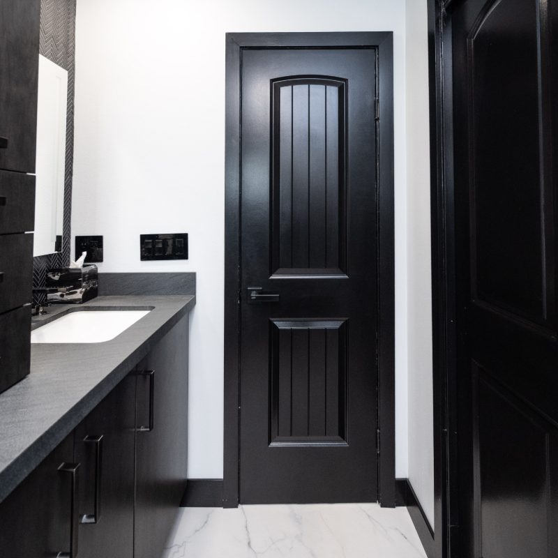 black bath remodel white tile floors